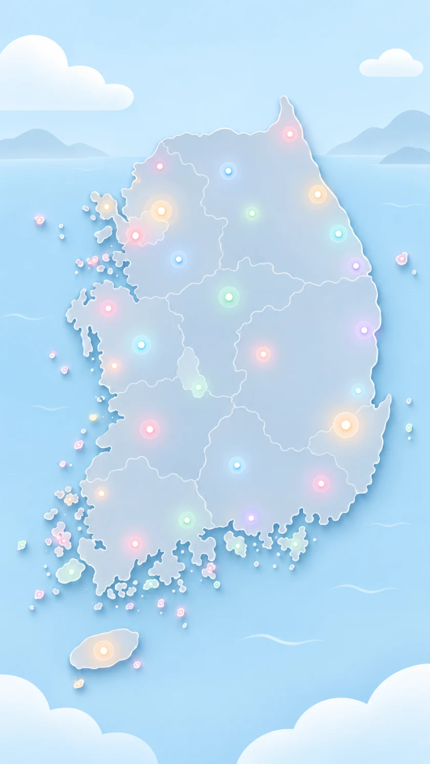 대한민국 전도. 지역마다 축제 자리에 부드러운 빛이 하나씩 떠 있다.
