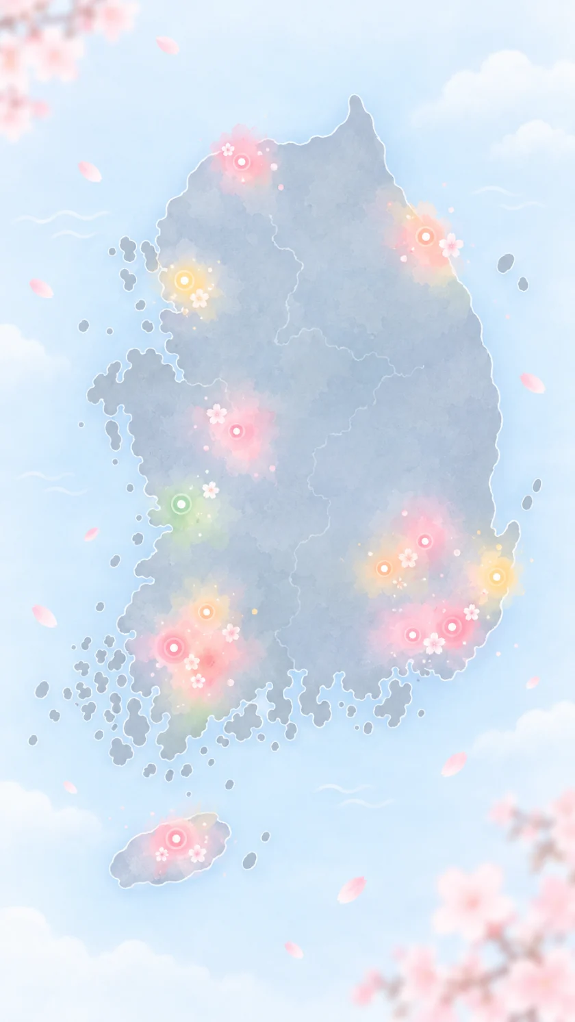 같은 지도에 벚꽃빛 분홍과 연노랑이 여러 지역에 부드럽게 번져 있다.